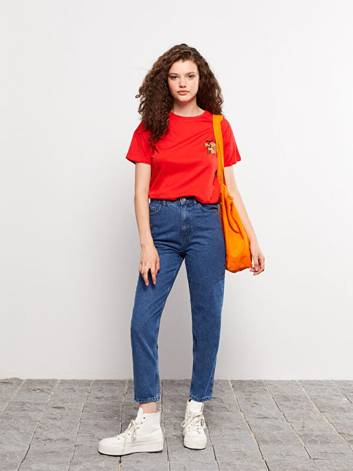 Kad?n Y?ksek Bel Mom Fit D?z Jean Pantolon