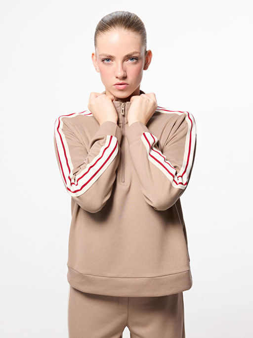 Dik Yaka ?erit Detayl? Kad?n Fermuarl? Sweatshirt