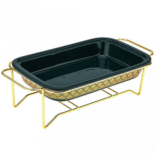 "Мармит Изумруд" Форма для запекания 1,7л, прямоугольная, 34,2х20,5см h5,8см, керамика с деколью, цвет - изумруд, стеклянная крышка с пароотводом, пластмассовая ручка-кнопка "мишка", металическая подставка с ручками, с подогревом на 2 свечи 41х20,3х1