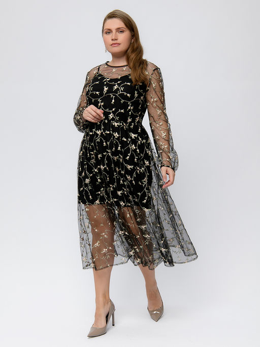 Платье черного цвета длины миди с отделкой из фатина - 1001dress фото 5