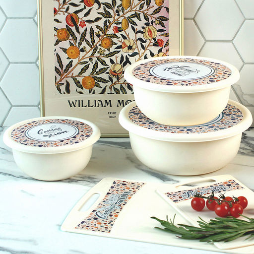 Миска пластмассовая "Modena" 2,1л, д22,5см, h9см, с крышкой, с декором "Терраццо", светло-бежевый (Россия)