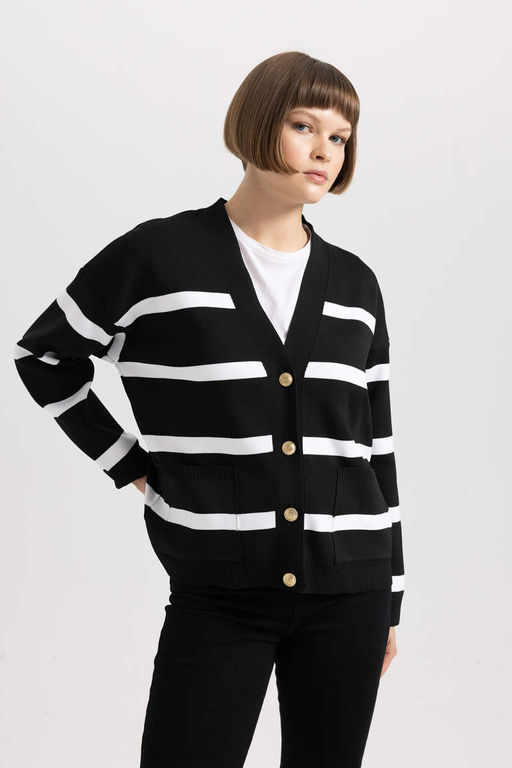 Полосатый кардиган с V-образным вырезом Relax Fit - Defacto фото 4