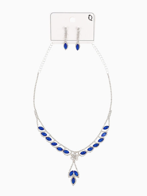 Набор 2 предмета: серьги, колье Листопад ромб, цвет сине-белый в серебре, 45 см