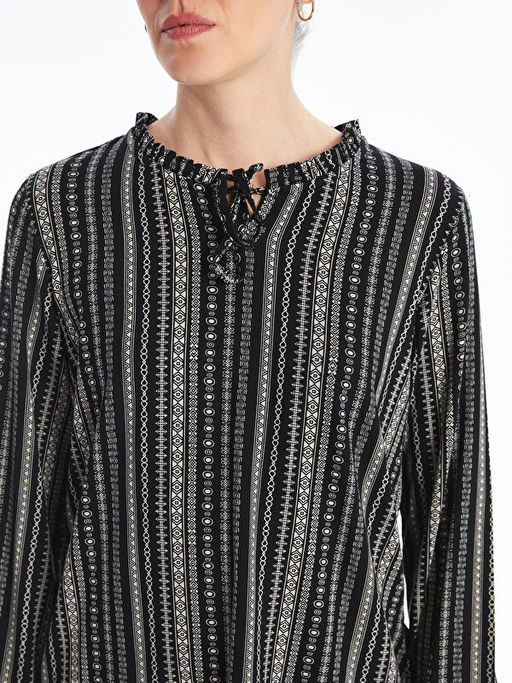 Ba?lamal? Yaka Desenli Uzun Kollu Kad?n Bluz