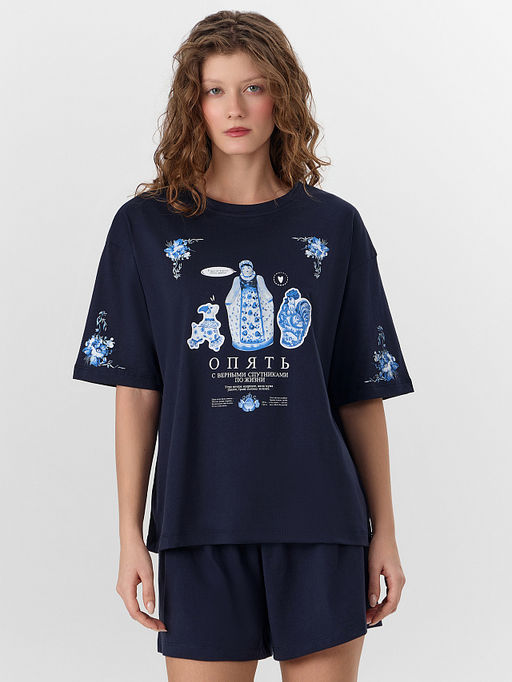Комплект домашний женский синий с новогодним принтом - Mark formelle фото 4