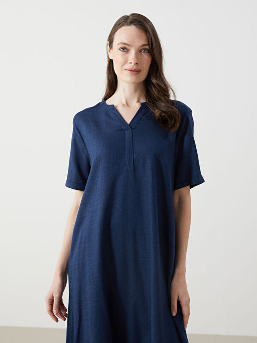 Ka??k Yaka Keten Kar???ml? Elbise