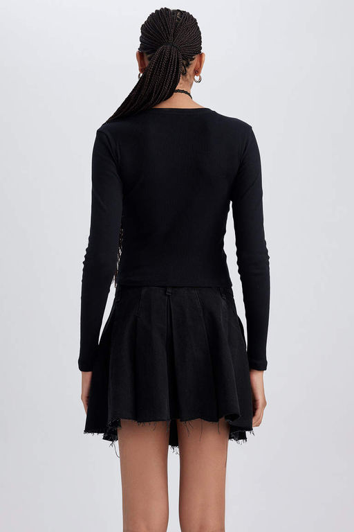 Nirvana Приталенная футболка с круглым вырезом в рубчик и длинными рукавами - Defacto фото 8