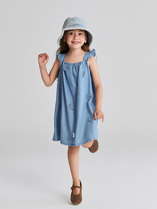 Kare Yaka ?i?ekli K?z ?ocuk Jean Elbise