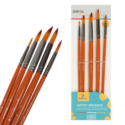 Набор кистей для рисования, синтетика, 5 штук: № 2, 4, 6, 8, 10, круглые, деревянная ручка, международный размер