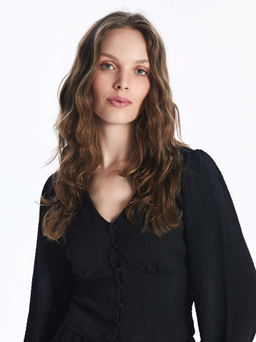 V Yaka Dokulu Kad?n Bluz