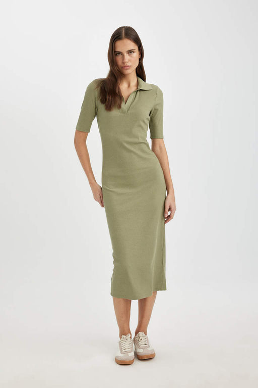 Облегающее платье миди с воротником-поло в рубчик и короткими рукавами - Defacto фото 4