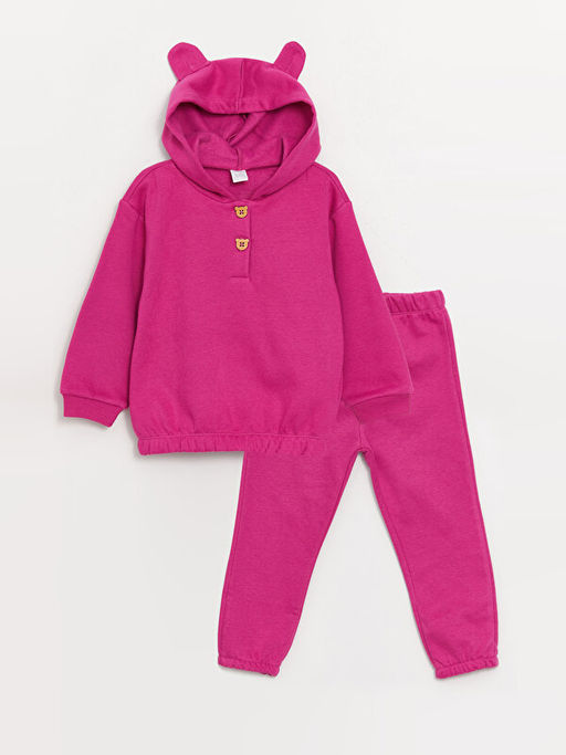 Kap??onlu Uzun Kollu Basic K?z Bebek Sweatshirt ve E?ofman Alt 2li Tak?m