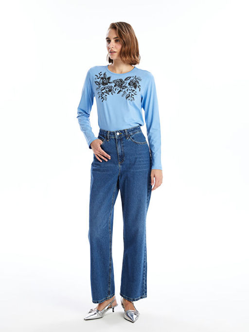 Bisiklet Yaka ?i?ekli Kad?n Ti??rt