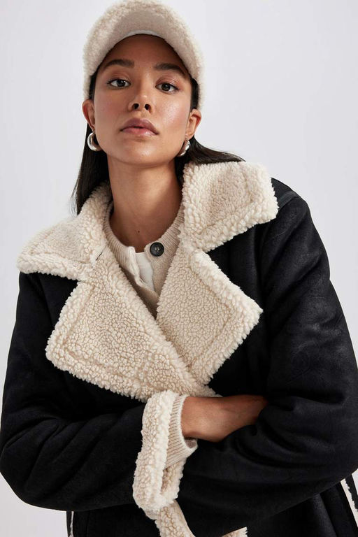 Парка замшевого пальто стандартного кроя с плюшевой подкладкой - Defacto фото 8