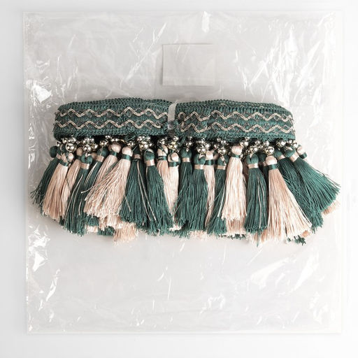 Тесьма с бусинами, 13 см, 5±0.5 м, изумрудная, бежевая