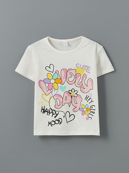 Bisiklet Yaka Bask?l? K?z ?ocuk Ti??rt