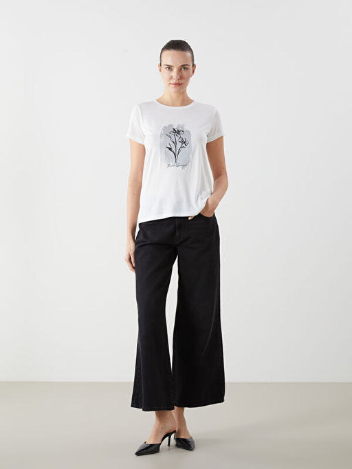 Bisiklet Yaka ?i?ekli Kad?n Ti??rt