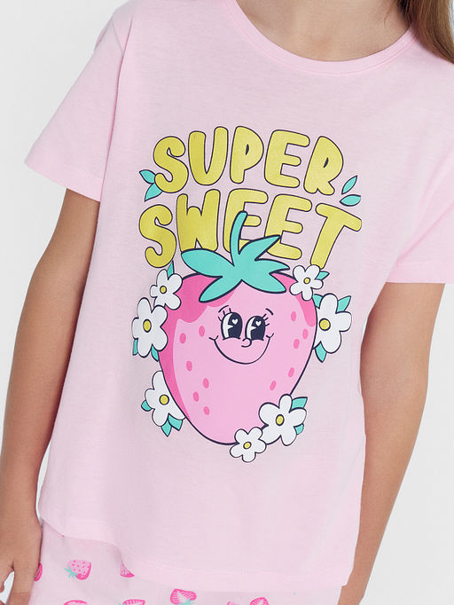 Комплект для девочек (футболка, шорты) розовый с принтом клубника - Mark formelle фото 5