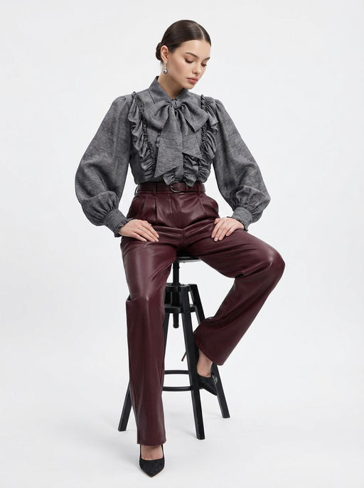 Блузка с рюшами и воротником-завязка OD-988-1 графит