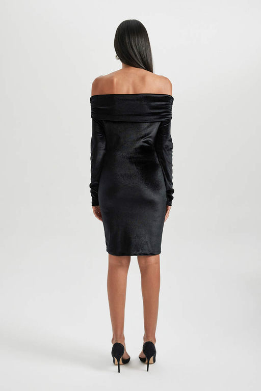 Черное велюровое мини-платье Bodycon с открытыми плечами и длинными рукавами - Defacto фото 5