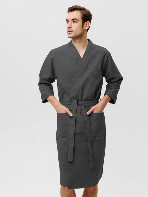 Мужской укороченный вафельный халат с планкой темно-серый В-05 (32)