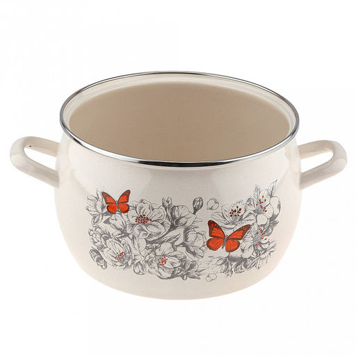 "Яблоневый цвет" Кастрюля эмалированная 5,0л, форма полусфера, стеклянная крышка, нержавеющий ободок (Россия)