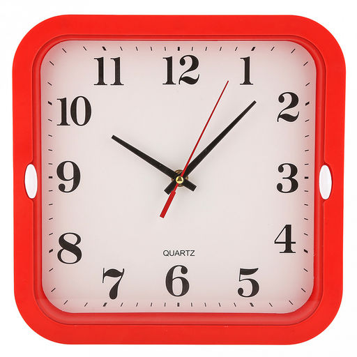 Часы настенные Кватро 25,8х25,8х4см, мягкий ход, циферблат белый; цифры арабские, черный; корпус пластик, красный; в коробке (Китай)