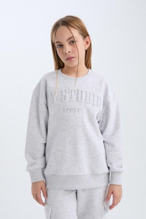 K?z Cocuk Gri Bisiklet Yaka Bask?l? Sweatshirt