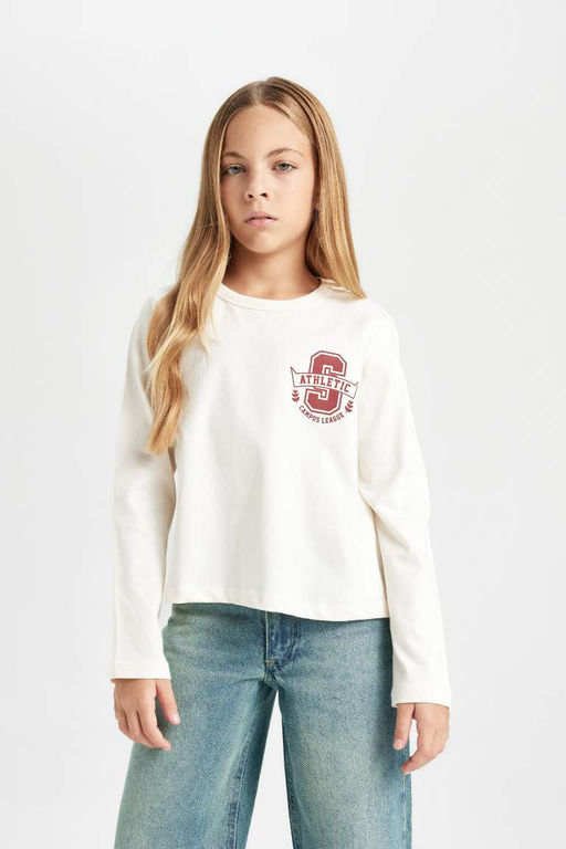 Футболка Relax Fit для девочек с круглым вырезом и длинными рукавами с принтом - Defacto фото 3