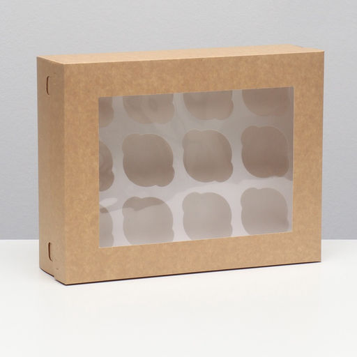 Цена за 3 шт. Коробка для 12 капкейков с окном, крафт, 32.5×25.5×10 см