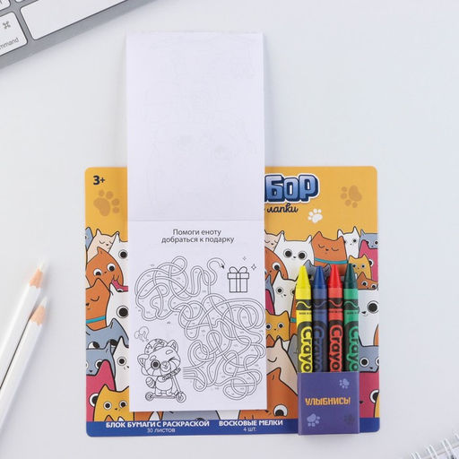 Цена за 2 шт. Подарочный набор блок листов с раскраской и восковые мелки «Коты»