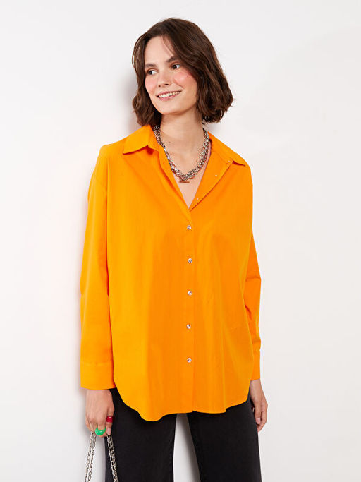 ?nden D??me Kapamal? D?z Uzun Kollu Pamuklu Kad?n G?mlek