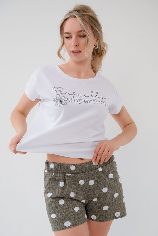 Пижама женская из футболки и шорт из кулирки Алиса горох хаки - Амадэль фото 7