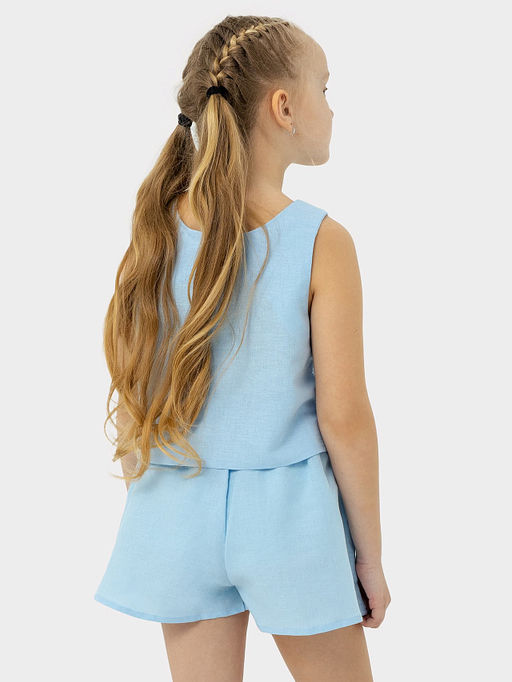 Комплект для девочек (топ, шорты) в голубом цвете, из льна и хлопка - Mark formelle фото 3