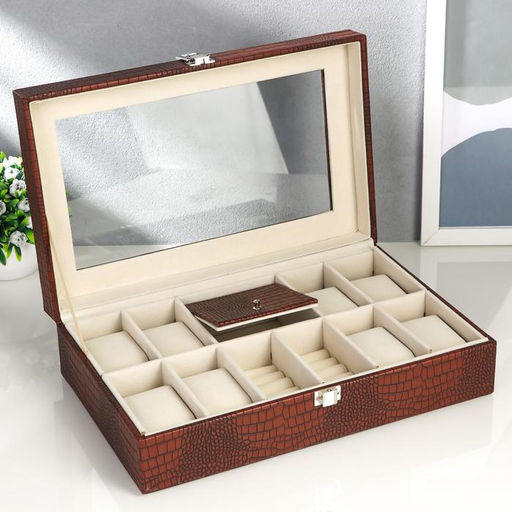 Шкатулка кожзам под часы 8 отделений и бижутерию Рептилия кофейная матовая 9,5х33х20 см - Simaland фото 3