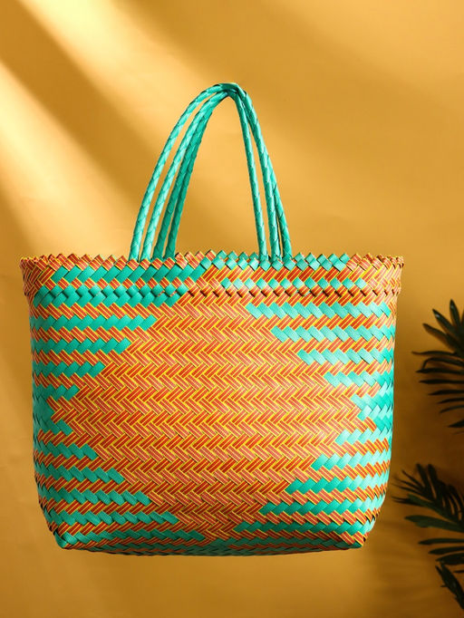 Сумка плетёная, 30×15×35 см, пластик, бирюзово-жёлтая