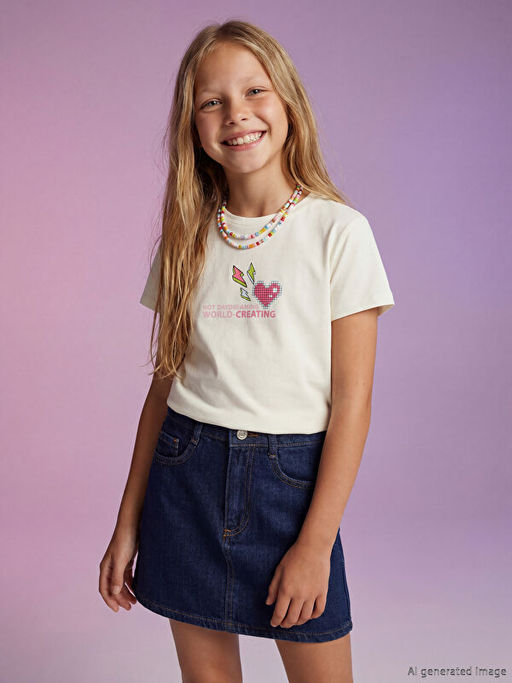 Bisiklet Yaka Bask?l? K?z ?ocuk Ti??rt 2li