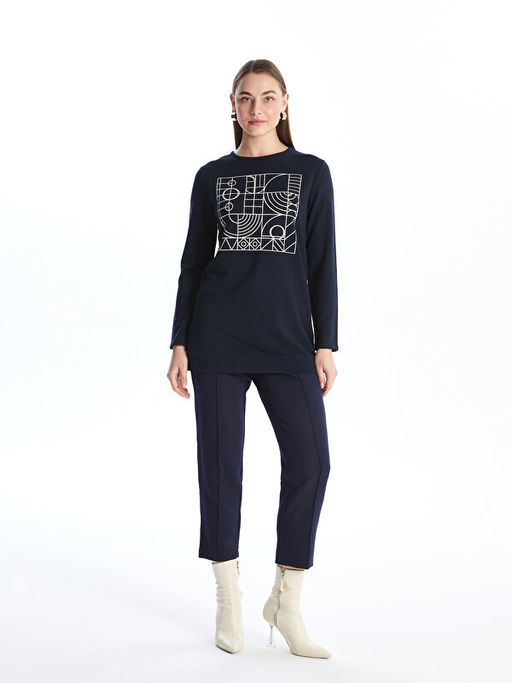 Bisiklet Yaka Bask?l? Kad?n Sweatshirt Tunik