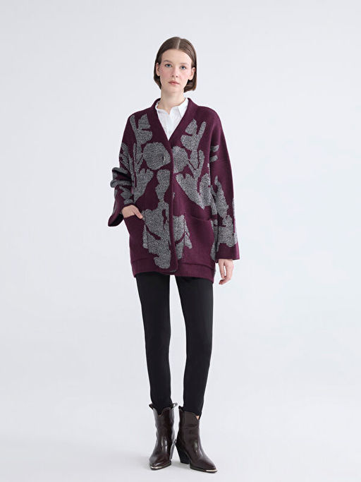 V Yaka Desenli Oversize Kad?n Triko H?rka