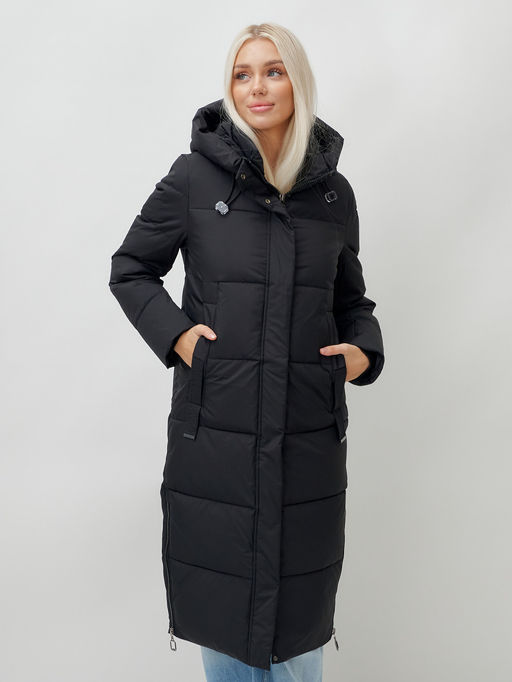 Пальто утепленное стеганное зимнее с капюшоном женское черного цвета 9608Ch - Mtforce фото 18