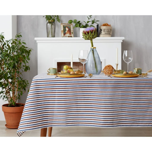 Скатерть Доляна 145х145см, Полоска цвет сине-коричневый, 100% п/э, рогожка, 200 гр/м  фото 3