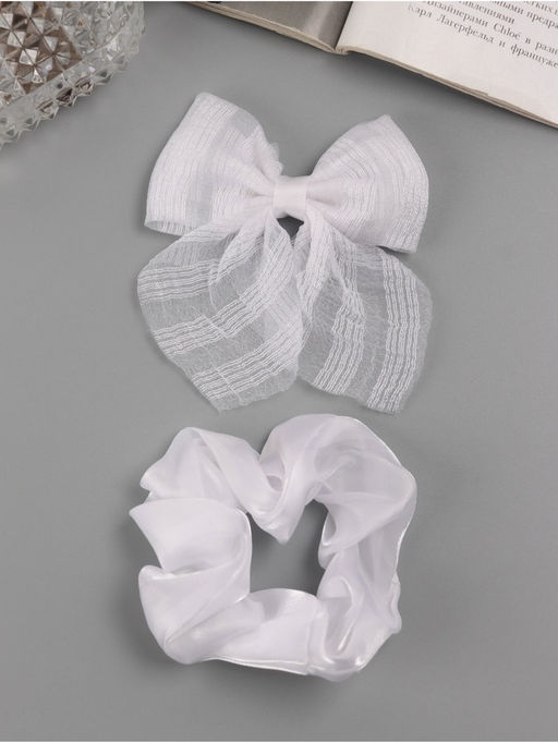 Цена за 6 шт. Набор для волос «Школьница», резинка 10 см, зажим 9 см, полоски объём, белый