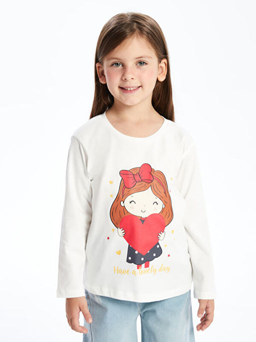 Bisiklet Yaka Uzun Kollu Bask?l? K?z ?ocuk Ti??rt