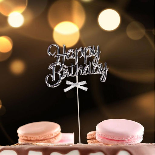 Цена за 2 шт. Топпер для торта «С днём рождения», серебряный