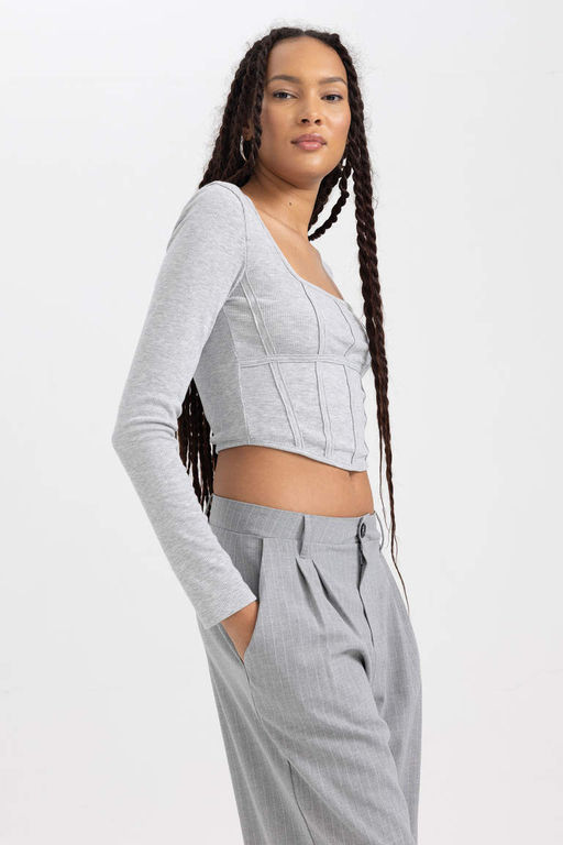 Приталенная футболка с длинными рукавами и круглым вырезом в рубчик - Defacto фото 7