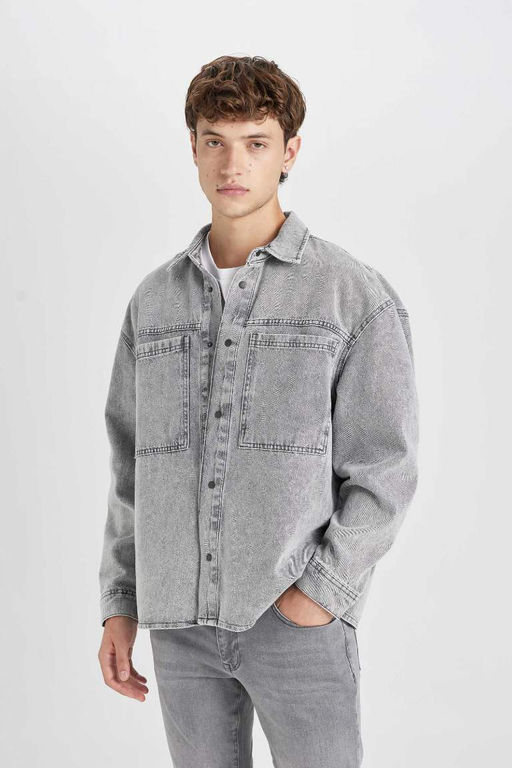 Джинсовая рубашка оверсайз с длинными рукавами - Defacto фото 3