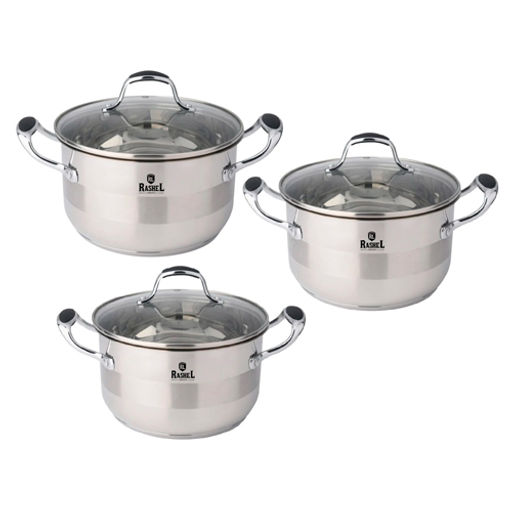 Набор кастрюль 6 пр. из нержавеющей стали со стекл. кр. (3,6л, 4,7л, 6л) R-0346 /RASHEL/