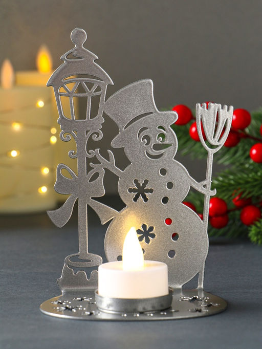 Подсвечник на 1 свечу Снеговик новогодний, металл, серебряный, 10?7.5?15 см