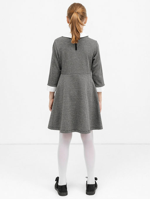 Серое платье с текстильным воротником и манжетами в гусиную лапку для девочек - Mark formelle фото 2