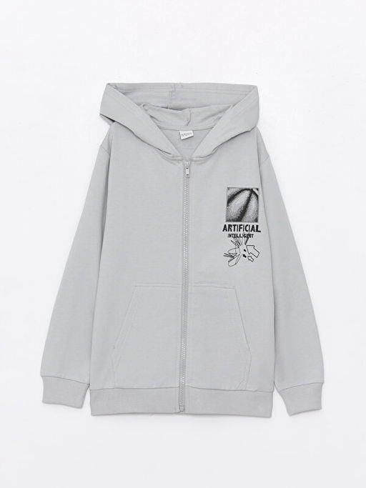 Kap??onlu Bask?l? Uzun Kollu Erkek ?ocuk Fermuarl? Sweatshirt